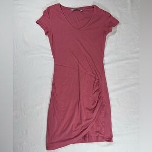 Athleta Santorini Ruched Dress XS Pink Short Sleeve Faux Wrap Tulip Hem Casual